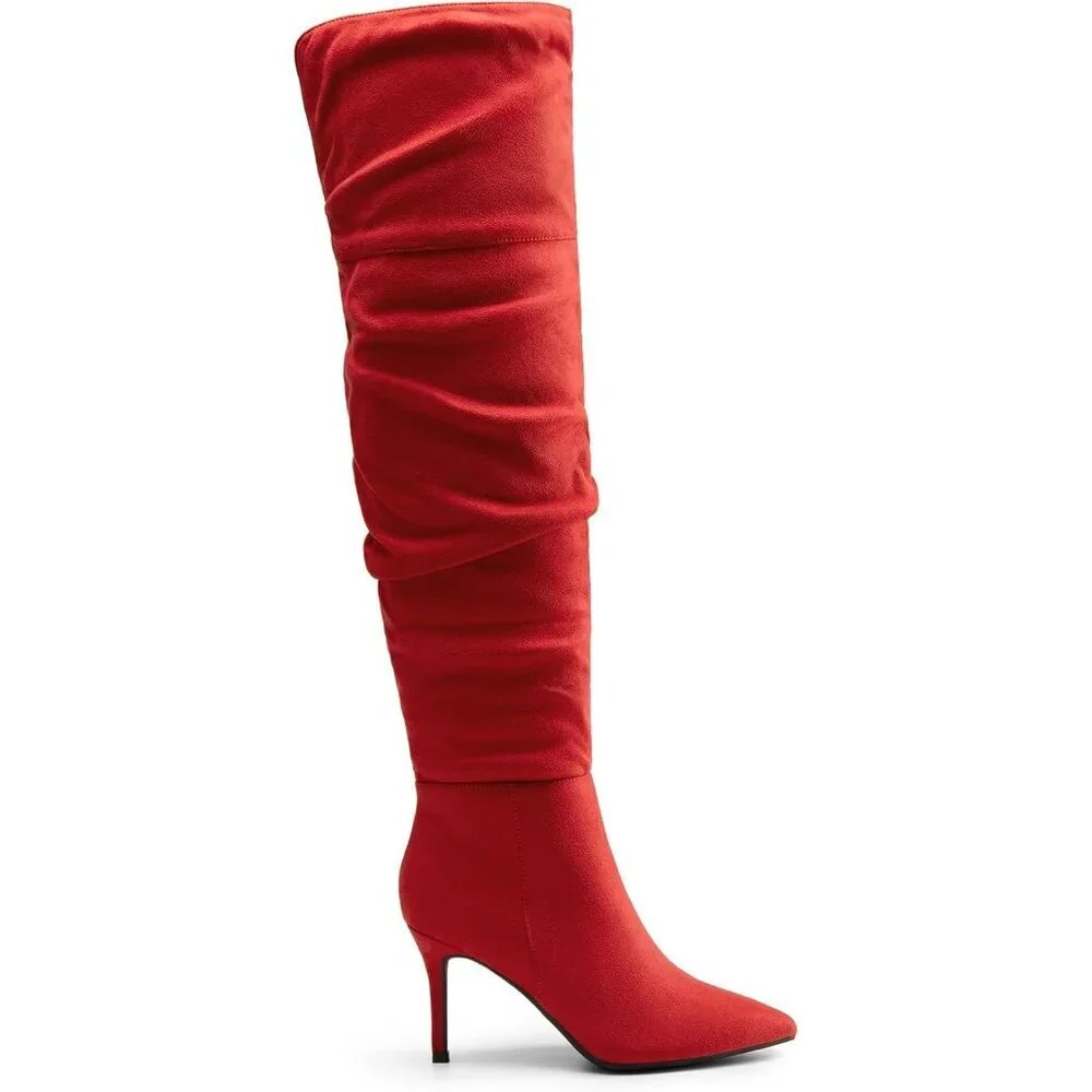 Women's Red-suede Faux Leather Over The Knee Boots Thigh High Pointed Toe Boot
